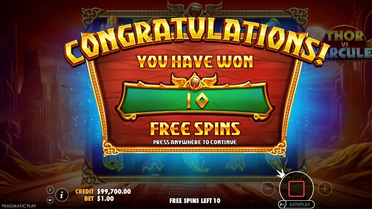 Thor vs Hercules slot machine interface with neon mythological theme