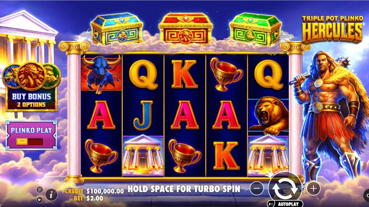 Tampilan visual slot Triple Pot Plinko – Hercules dengan latar belakang Gunung Olympus